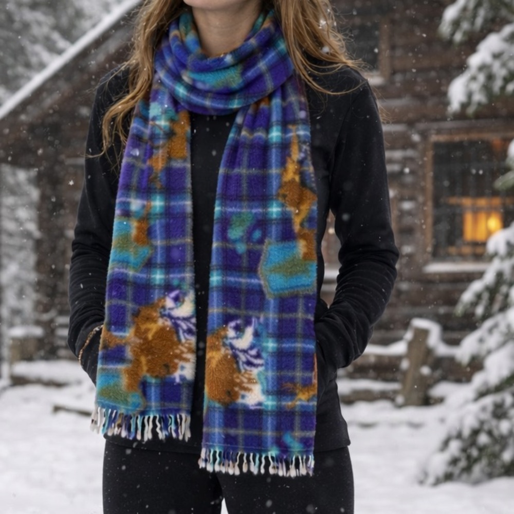 Vintage Fleece Scarf Blue Purple Deer Trees plaid